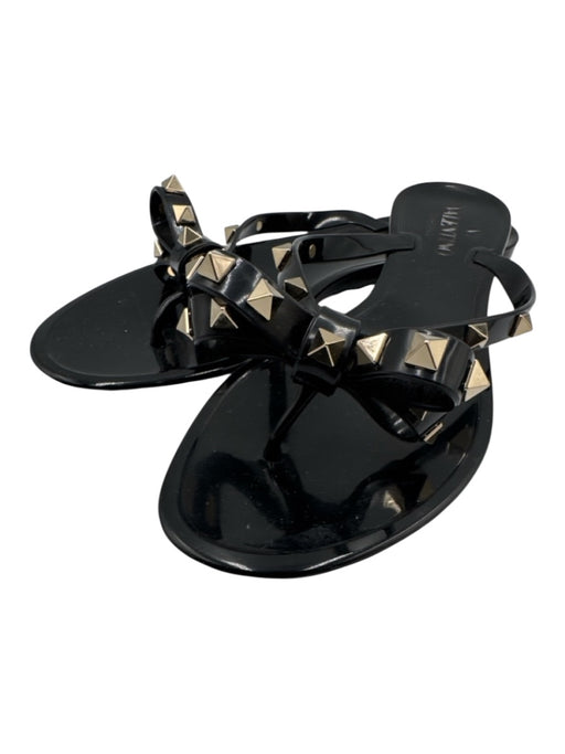 Valentino Shoe Size 38 Black & Gold Rubber Bow Rockstud Thong Sandals Black & Gold / 38