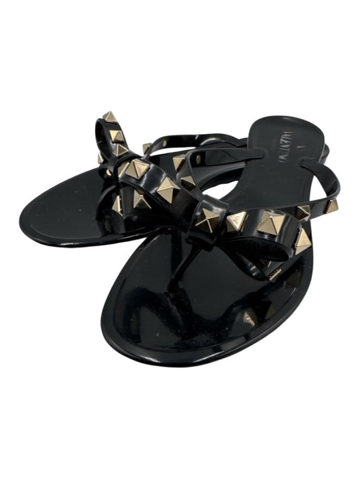 Valentino Shoe Size 38 Black & Gold Rubber Bow Rockstud Thong Sandals Black & Gold / 38