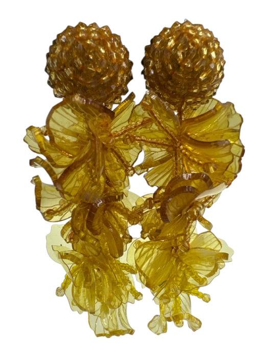 Oscar de la Renta Yellow Beaded Clip Ons Flowers drop Statement Earrings Yellow