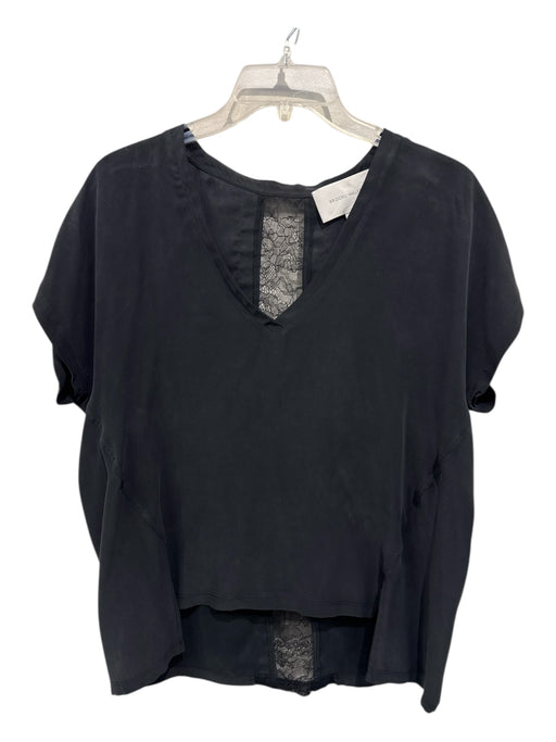 Brochu Walker Size M Black Silk Cap Sleeve Solid Lace Panels V Neck Top Black / M
