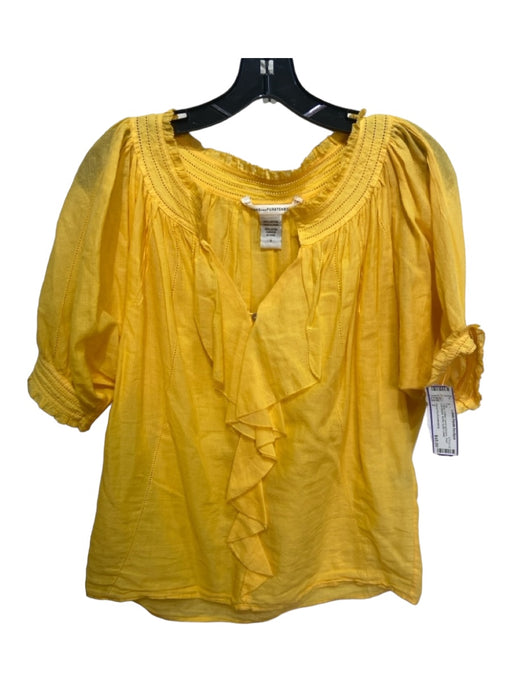 Diane Von Furstenberg Size 2 Yellow Cotton round split neck Ruffle Top Yellow / 2