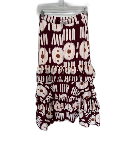 Ro's Garden Size XS Maroon & Tan Cotton High Waist Ikat Ruffles Maxi Skirt Maroon & Tan / XS