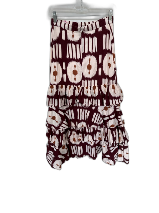 Ro's Garden Size XS Maroon & Tan Cotton High Waist Ikat Ruffles Maxi Skirt Maroon & Tan / XS