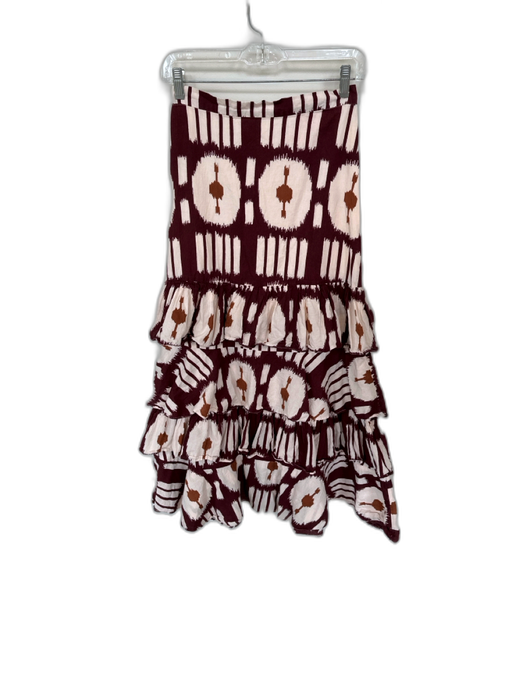 Ro's Garden Size XS Maroon & Tan Cotton High Waist Ikat Ruffles Maxi Skirt Maroon & Tan / XS