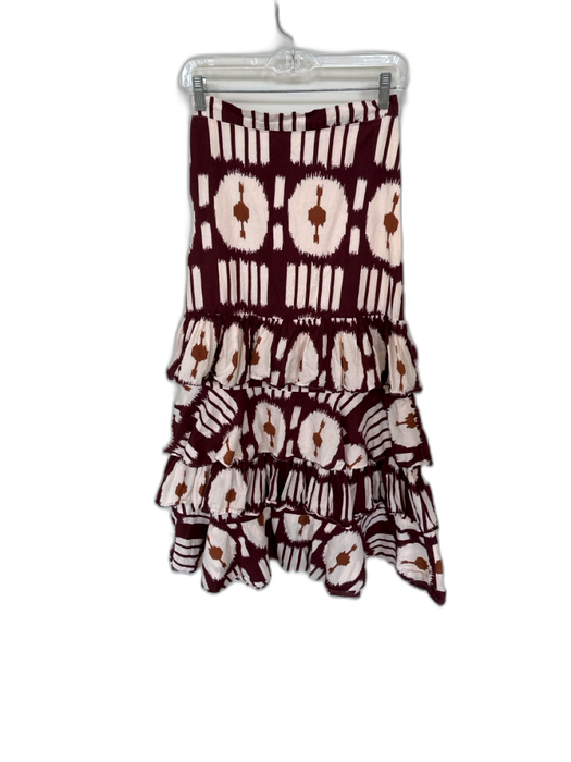 Ro's Garden Size XS Maroon & Tan Cotton High Waist Ikat Ruffles Maxi Skirt Maroon & Tan / XS
