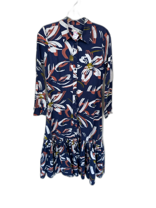 Shoshanna Size 2 Navy & Orange Cotton Long Sleeve Brush Strokes Collar Dress Navy & Orange / 2