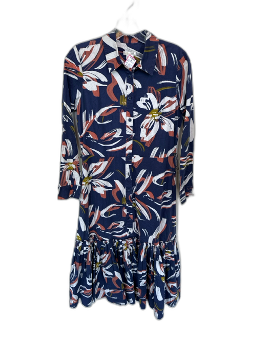 Shoshanna Size 2 Navy & Orange Cotton Long Sleeve Brush Strokes Collar Dress Navy & Orange / 2