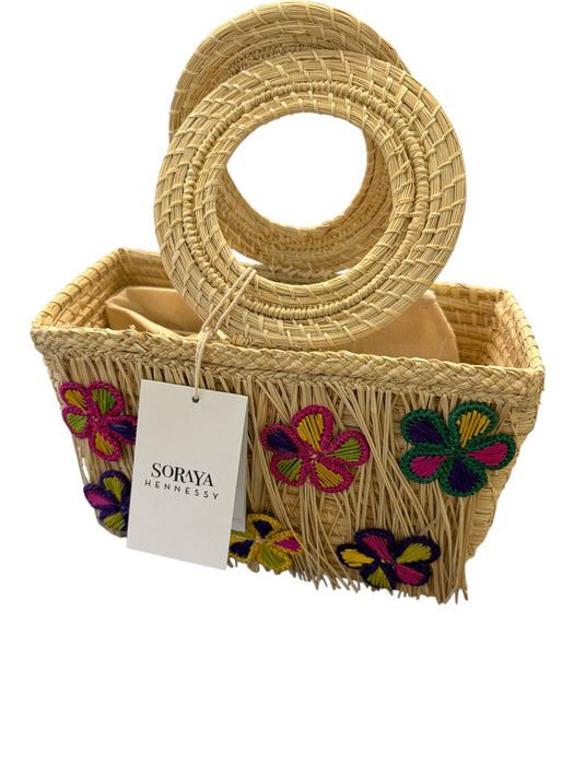 Soraya Hennessy Tan & Purple Straw Round Handles Embroidered Flowers Bag Tan & Purple / S