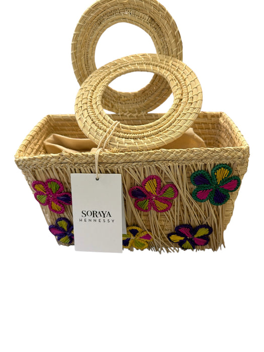 Soraya Hennessy Tan & Purple Straw Round Handles Embroidered Flowers Bag Tan & Purple / S