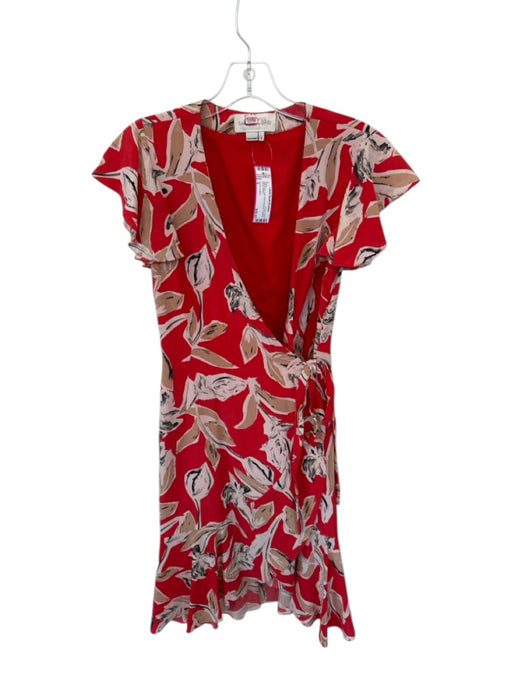 Sachin & Babi Size 0 Red & Tan Silk Flutter Sleeves Flowers Wrap Dress Red & Tan / 0