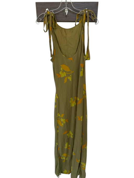 Soleil Soleil Size M Olive Green & Orange Silk Tie Straps Flowers Maxi Dress Olive Green & Orange / M