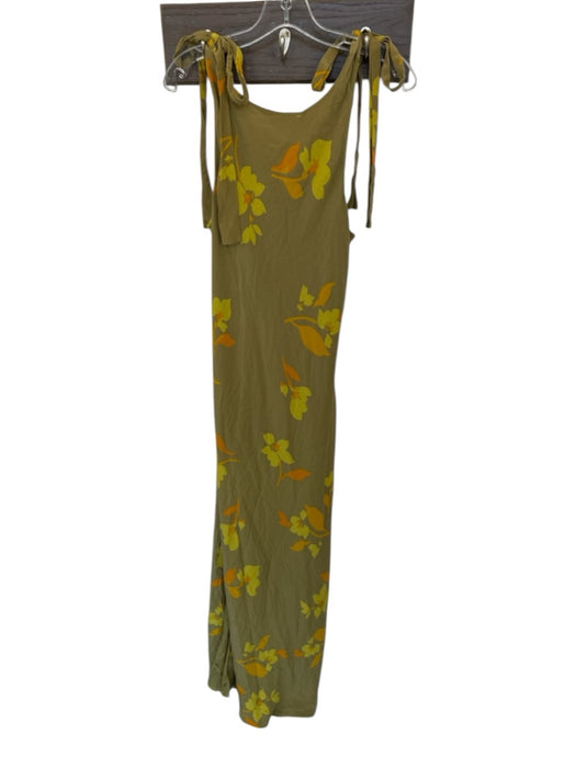 Soleil Soleil Size M Olive Green & Orange Silk Tie Straps Flowers Maxi Dress Olive Green & Orange / M