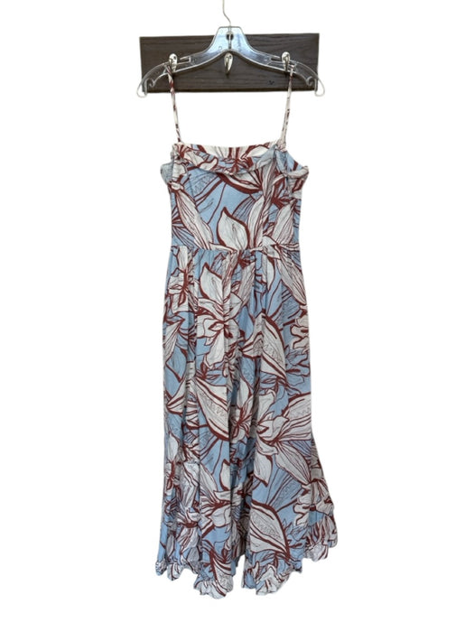 Nicholas Size 2 Blue & Rust Cotton Spaghetti Strap Flowers Ruffles Maxi Dress Blue & Rust / 2
