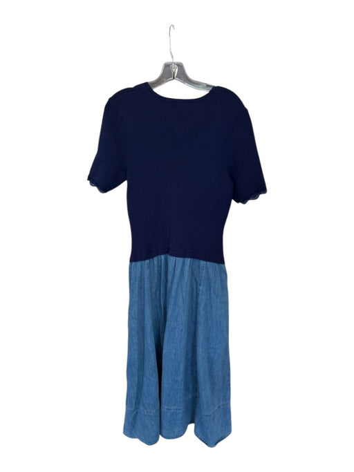 Shoshanna Size XL Navy & Blue Cotton Blend Short Sleeve Ribbed Denim Maxi Dress Navy & Blue / XL