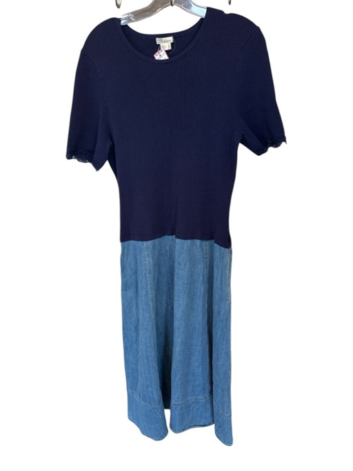 Shoshanna Size XL Navy & Blue Cotton Blend Short Sleeve Ribbed Denim Maxi Dress Navy & Blue / XL