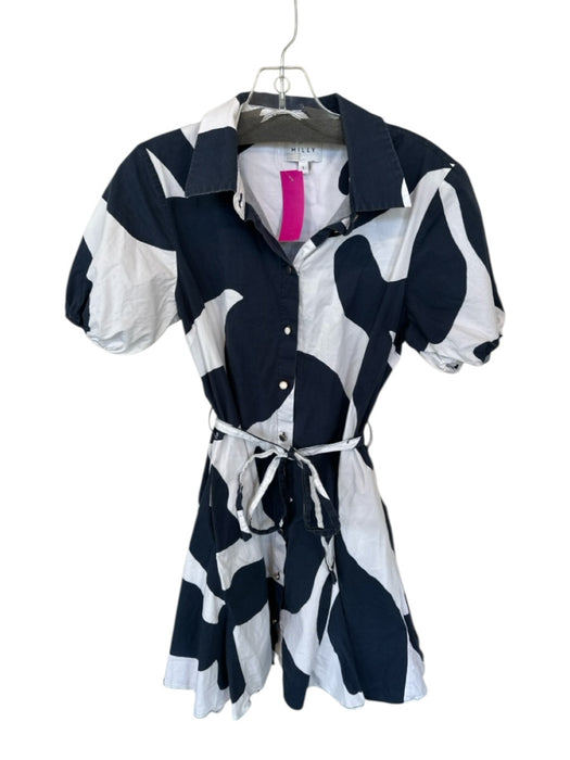 Milly Size 4 Navy & white Cotton Short Balloon Sleeve Swirls Button Down Dress Navy & white / 4