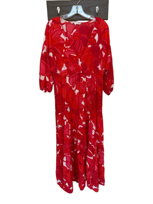 Trina Turk Size M Red & White Cotton Long Balloon Sleeve Flowers Maxi Dress Red & White / M