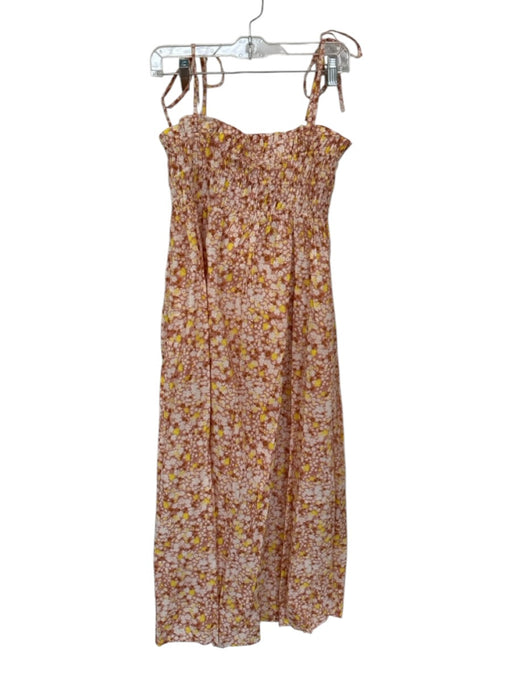 Maia Bergman Size XS Tan & Yellow Cotton Tie Straps smocked Flowers Maxi Dress Tan & Yellow / XS