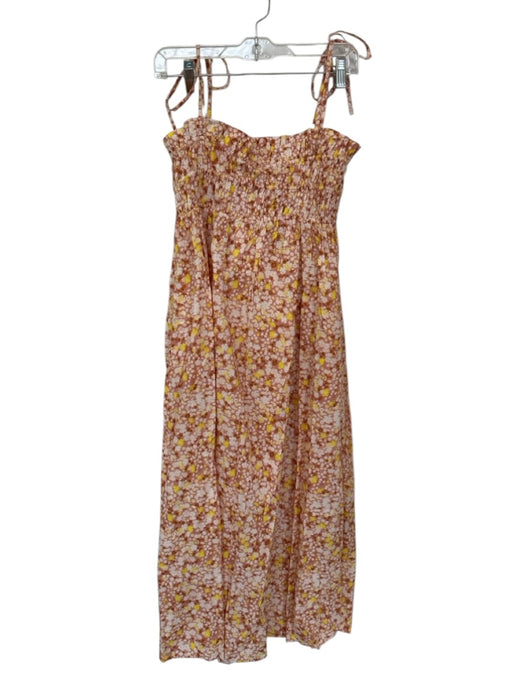 Maia Bergman Size XS Tan & Yellow Cotton Tie Straps smocked Flowers Maxi Dress Tan & Yellow / XS