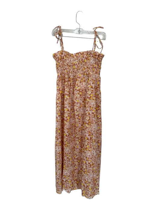 Maia Bergman Size XS Tan & Yellow Cotton Tie Straps smocked Flowers Maxi Dress Tan & Yellow / XS