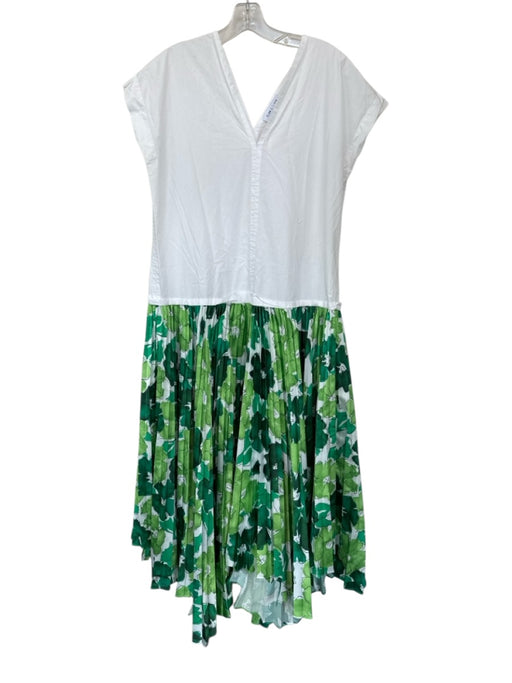 Plan C Size S White & Green Cotton Blend Cap Sleeve Acordian Pleated Maxi Dress White & Green / S