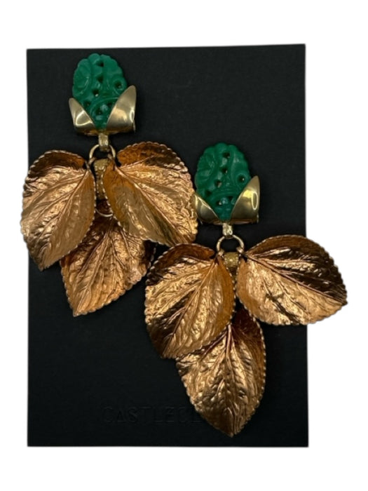 Castlecliff Green & Brass Brass Post Back Leaves Large Earrings Green & Brass