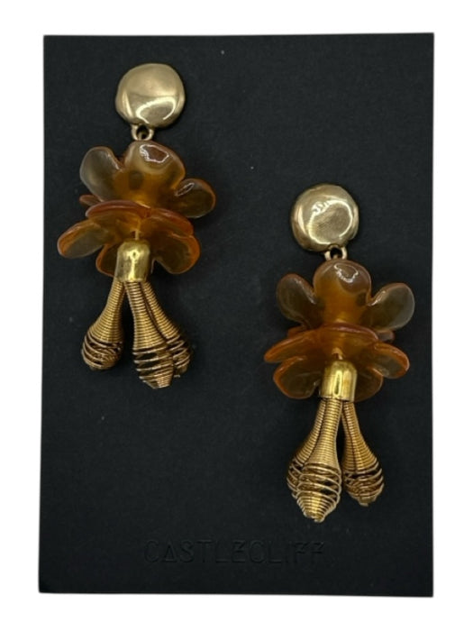 Castlecliff Brass & Orange Brass Post Back Flowers Large Earrings Brass & Orange