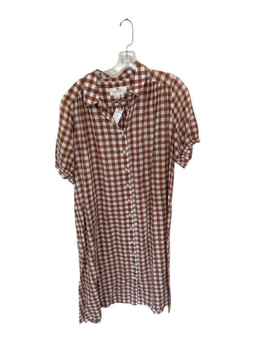 The Great Size 3/L Brown & White Cotton Short Balloon Sleeve Checkered Dress Brown & White / 3/L