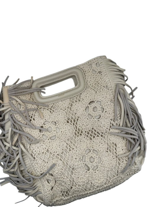 Maje Cream Canvas & Leather Fringe Crochet Top Handles Crossbody Strap Bag Cream / S