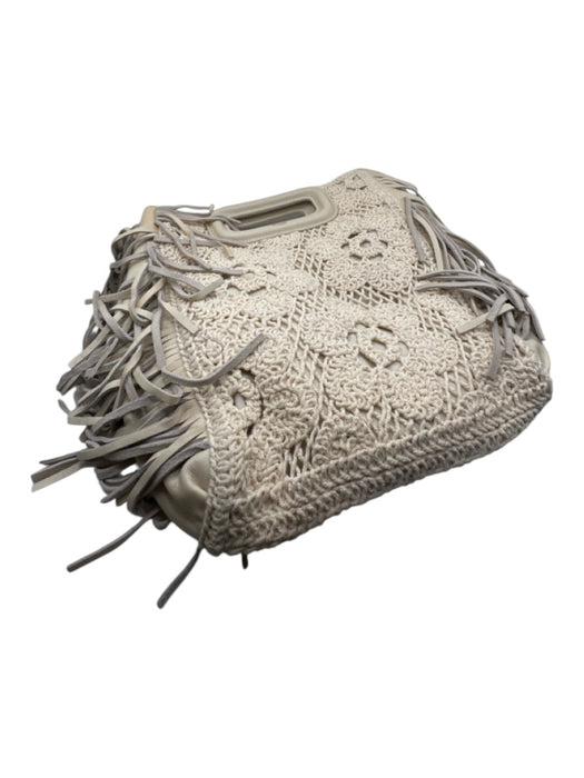 Maje Cream Canvas & Leather Fringe Crochet Top Handles Crossbody Strap Bag Cream / S