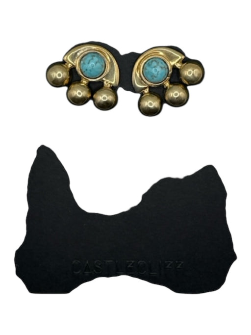 Castlecliff Brass & Turquoise Brass Post Back center stone Studs Earrings Brass & Turquoise