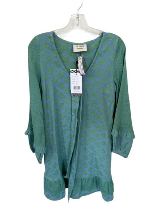 Cecilie Copenhagen Size XS Blue & Green Cotton Long Balloon Sleeve Print Dress Blue & Green / XS