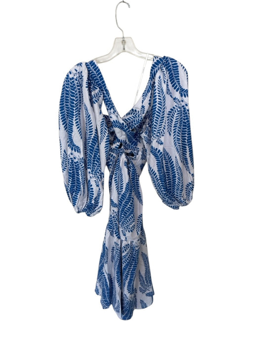 Lalibela Size XS White & Blue Cotton 3/4 Balloon Sleeve Leaves Maxi Dress White & Blue / XS