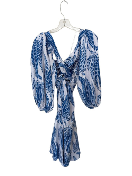 Lalibela Size XS White & Blue Cotton 3/4 Balloon Sleeve Leaves Maxi Dress White & Blue / XS