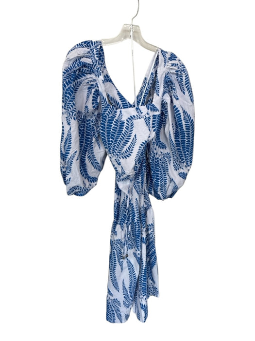 Lalibela Size XS White & Blue Cotton 3/4 Balloon Sleeve Leaves Maxi Dress White & Blue / XS