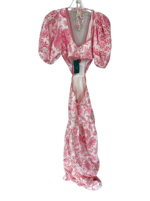Lalibela Size XS Pink & White Cotton 3/4 Balloon Sleeve Botanical Dress Pink & White / XS
