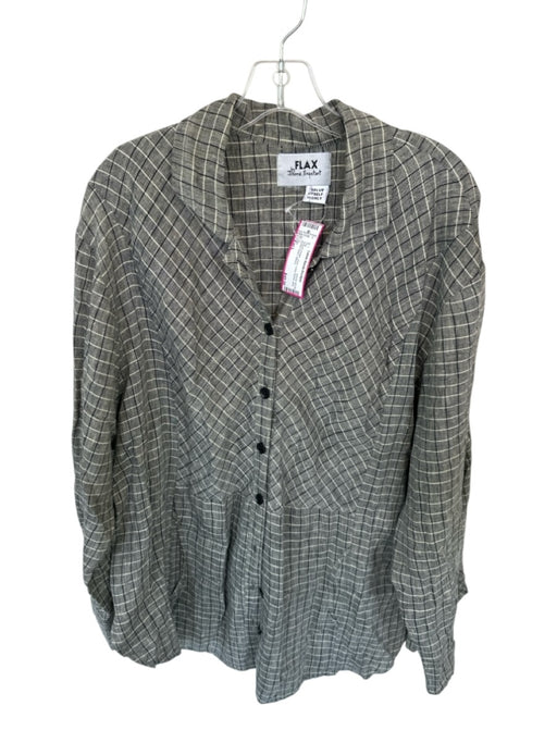 Flax Size Est L Gray & Cream Linen Long Sleeve Grid Button Down Top Gray & Cream / Est L