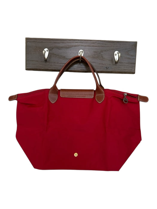 Longchamp Red & Brown Nylon Leather Top Handle Zip Close Tote Bag Red & Brown / M