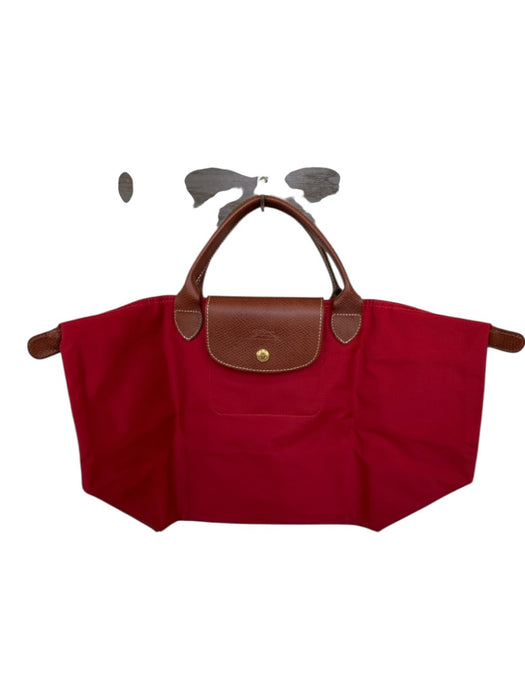 Longchamp Red & Brown Nylon Leather Top Handle Zip Close Tote Bag Red & Brown / M