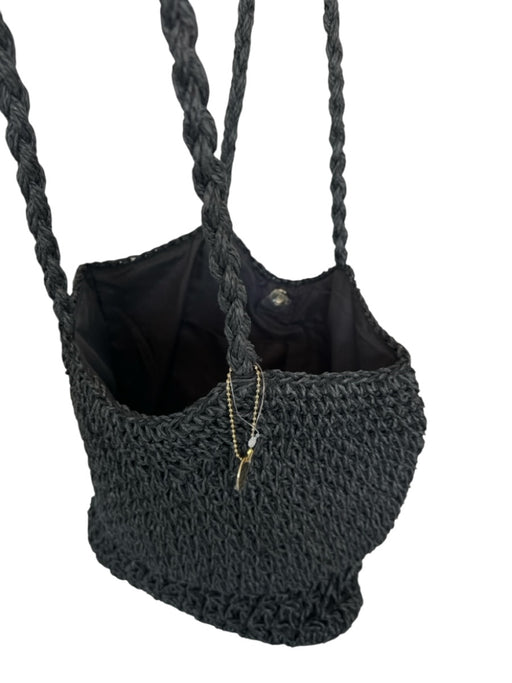 Black Straw Top Handles Snap Button Tote Bag Black / M