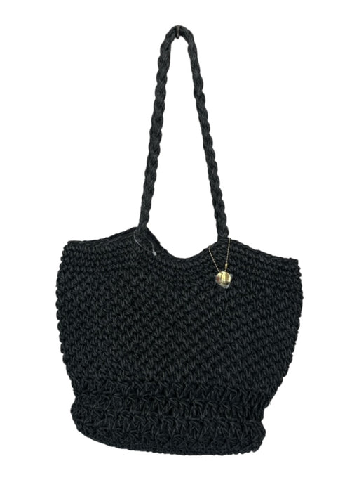 Black Straw Top Handles Snap Button Tote Bag Black / M