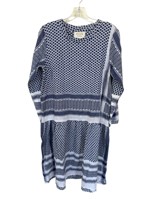 Cecilie Copenhagen Size XS White & Navy Cotton Long Sleeve Chevron Detail Dress White & Navy / XS