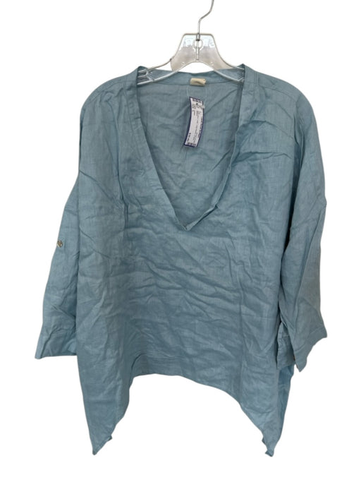 Lintico Size L Baby Blue Linen Long Sleeve V Neck Top Baby Blue / L