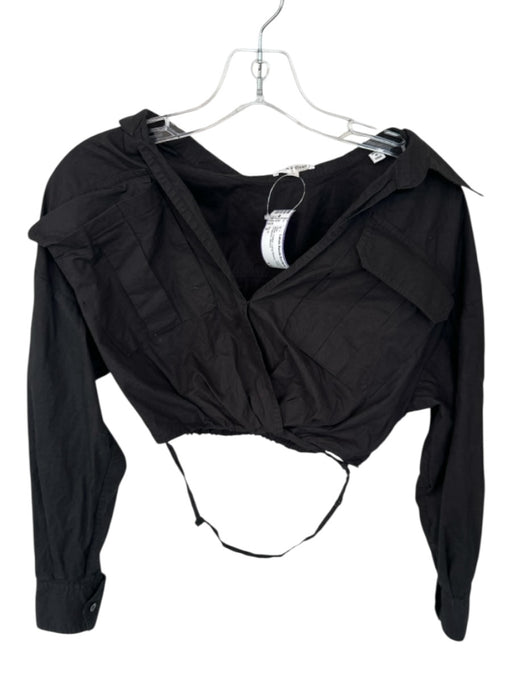 A.L.C. Size 0 Black Cotton Long Sleeve Collar Cropped Top Black / 0