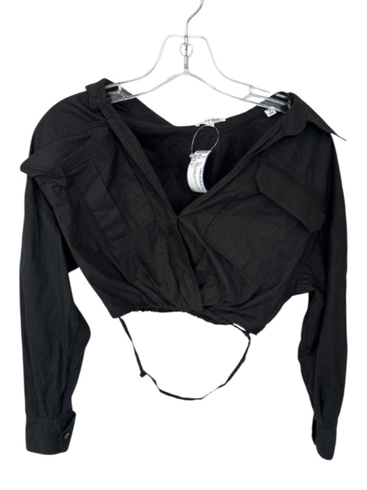 A.L.C. Size 0 Black Cotton Long Sleeve Collar Cropped Top Black / 0