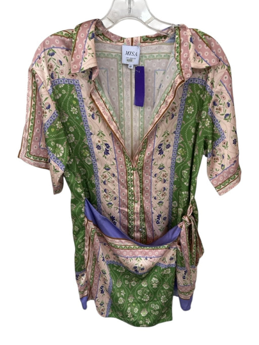 Misa Size M Mauve & Green Polyester Long Sleeve Flowers Front Tie Collar Dress Mauve & Green / M