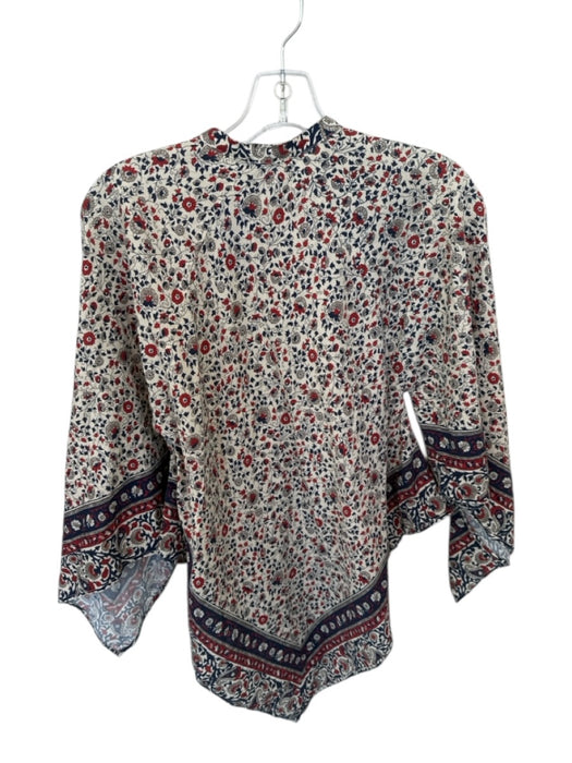 Rosetta Getty Size M Taupe & Navy Cotton Long Sleeve Flowers Asymetrical Top Taupe & Navy / M
