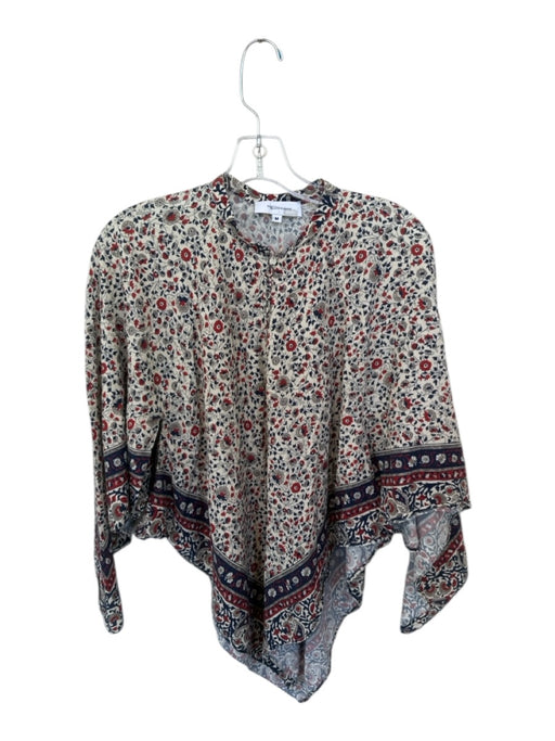 Rosetta Getty Size M Taupe & Navy Cotton Long Sleeve Flowers Asymetrical Top Taupe & Navy / M