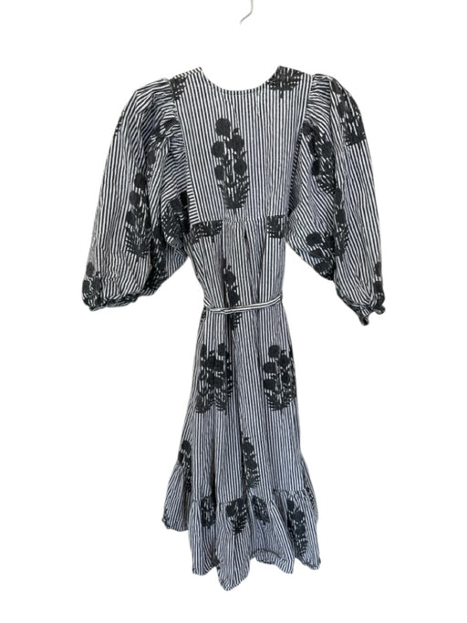 Size S Gray & White Cotton Long Balloon Sleeve Striped Flowers Maxi Dress Gray & White / S