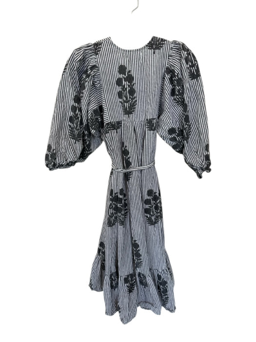 Size S Gray & White Cotton Long Balloon Sleeve Striped Flowers Maxi Dress Gray & White / S